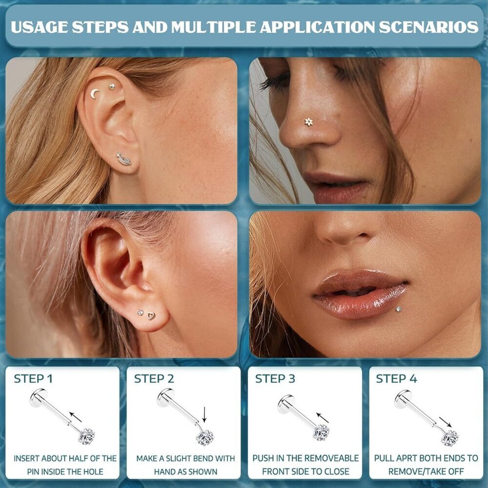 20G Threadless Flat Back Nose Earrings for Women Men Hypoallergenic Steel Jewelr - Picture 3 of 7